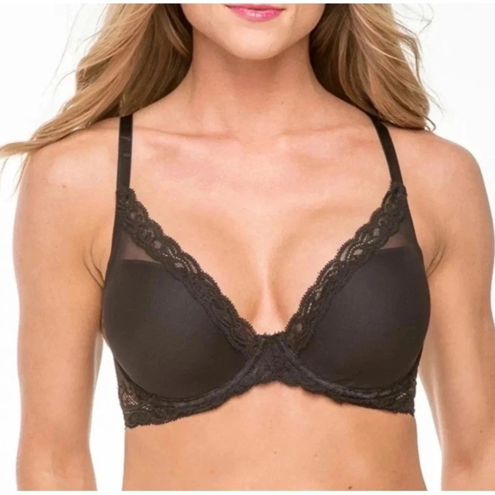 Natori Womens Feathers Contour Bra Size 32DD Black Lace Trim Underwire 730023